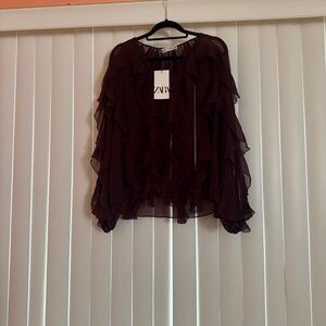Zara Women's Deep Burgundy Ruffle Blouse